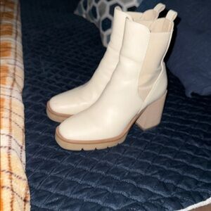 White disco boots! 70’s inspired, high heeled, square toe, funky sturdiness!